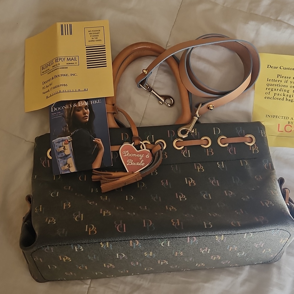 Dooney & Bourke Black Multicolor Monogram Satchel with Tan Leather Handles - Picture 6 of 7